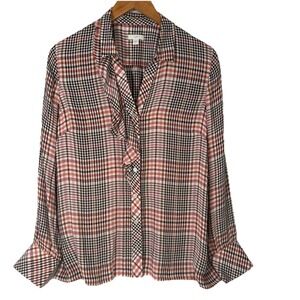 J. JILL Ruffle‎ Button Down Blouse Top Check Plaid Long Sleeve Medium Size